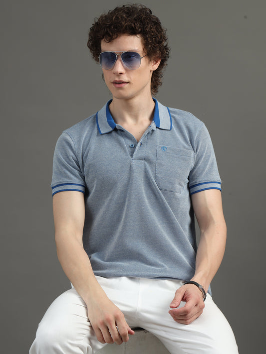 Mens BItone Royal Blue Jacquard Polo Tees with Pocket TK731