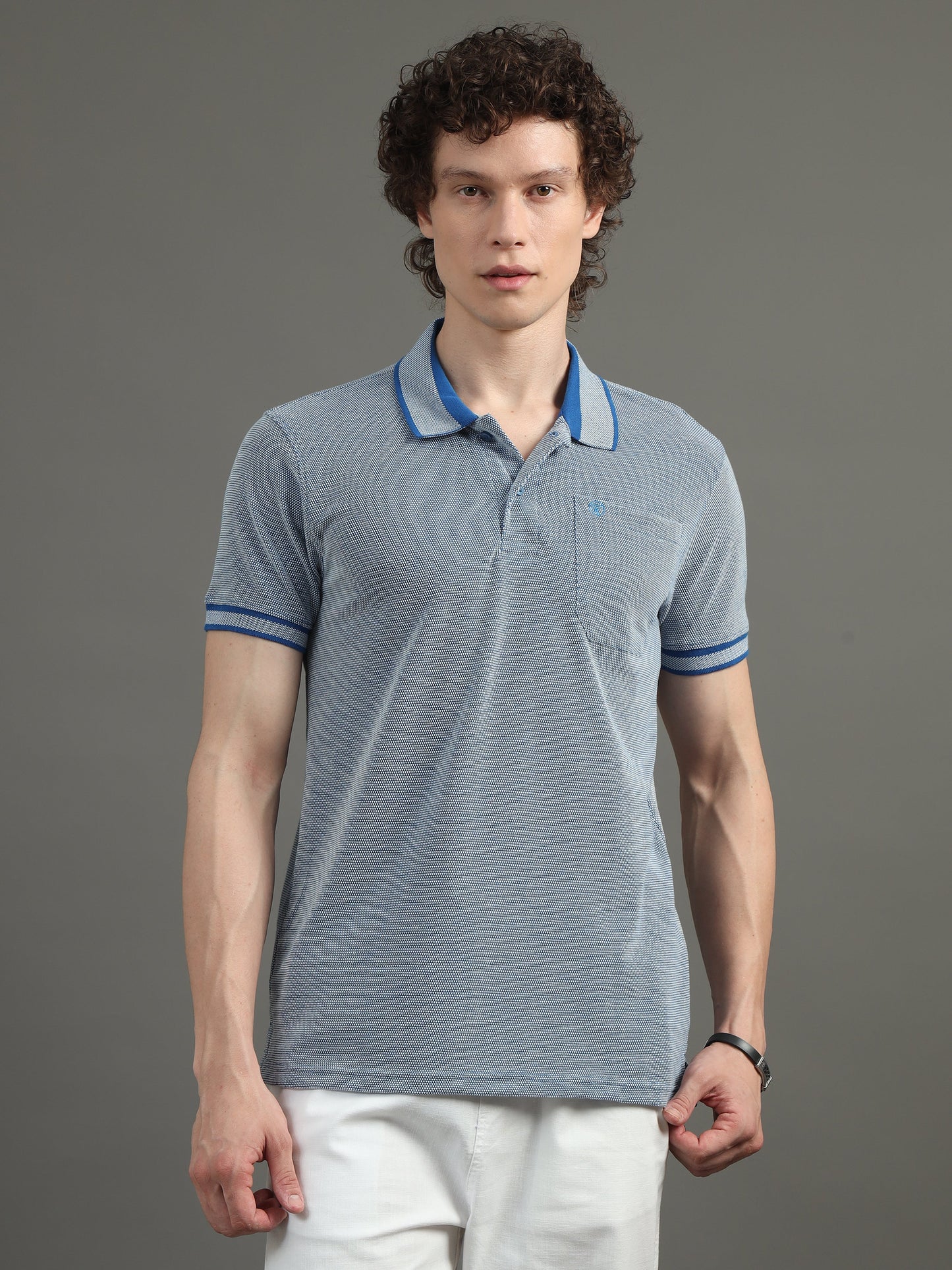 Mens BItone Royal Blue Jacquard Polo Tees with Pocket TK731