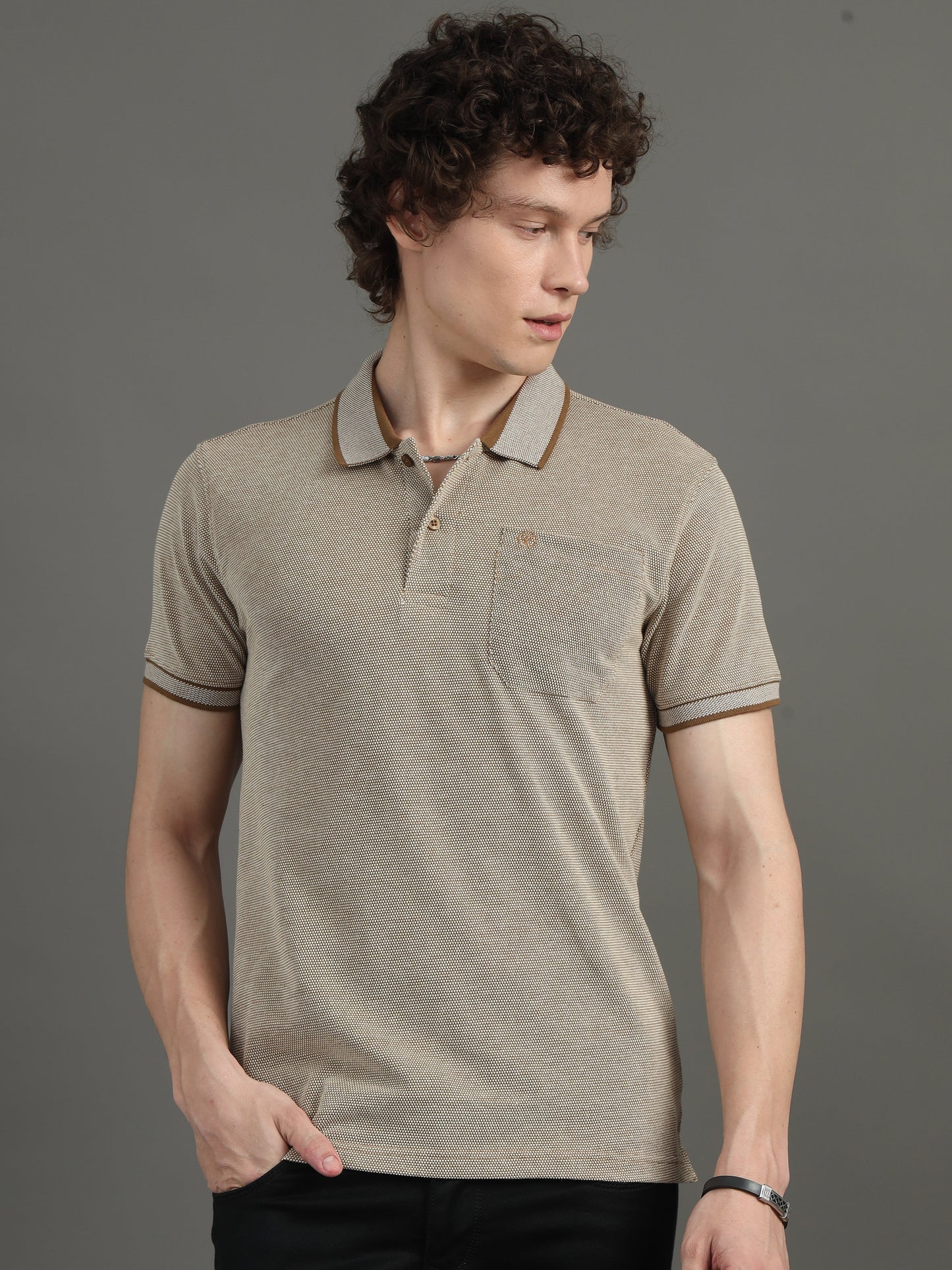 Mens BItone Coffee Jacquard Polo Tees with Pocket TK731