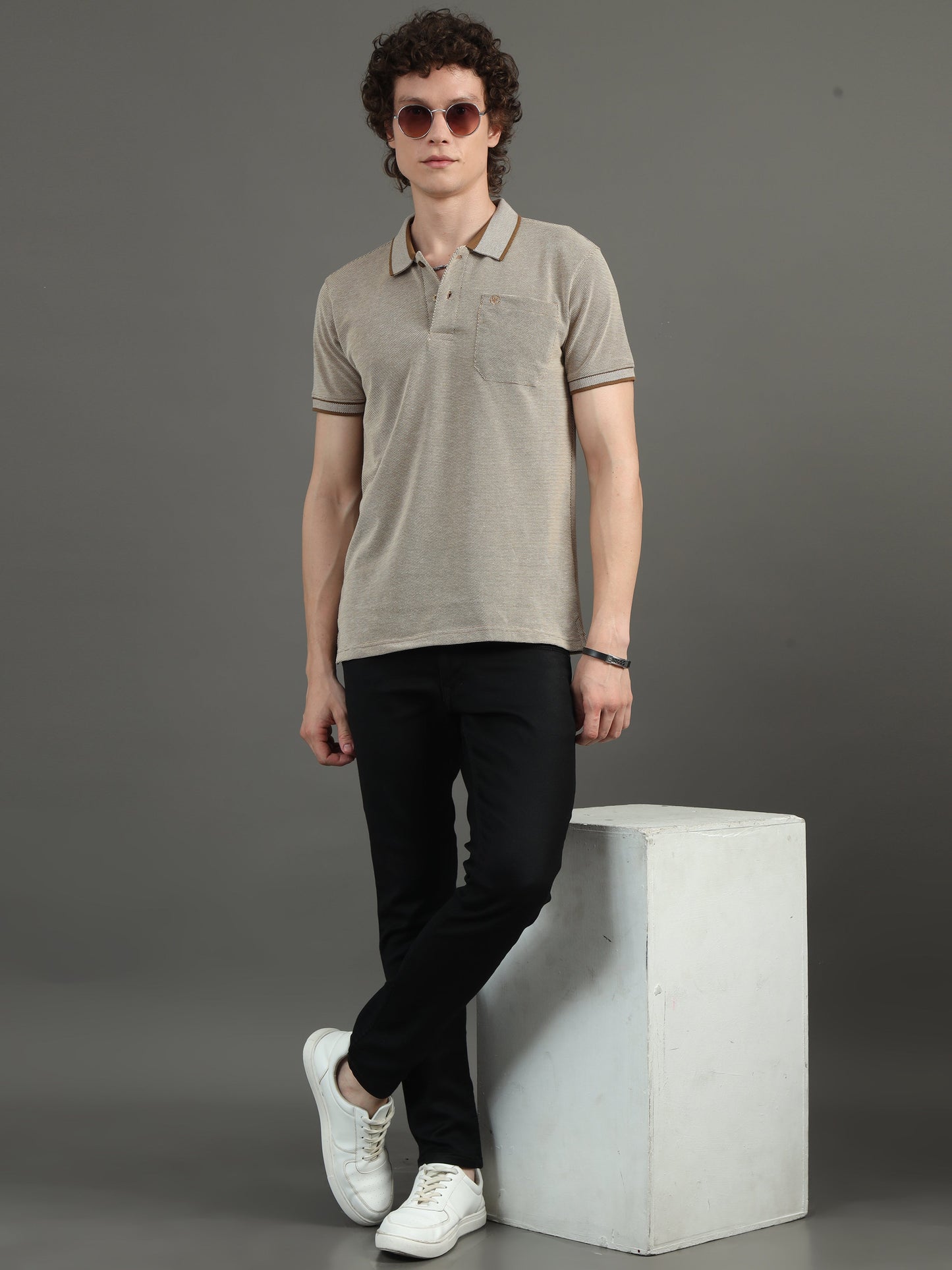 Mens BItone Coffee Jacquard Polo Tees with Pocket TK731