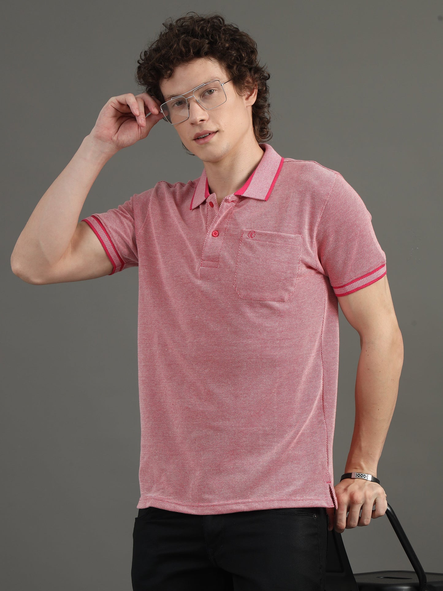 Mens BItone Hot Pink Jacquard Polo Tees with Pocket TK731