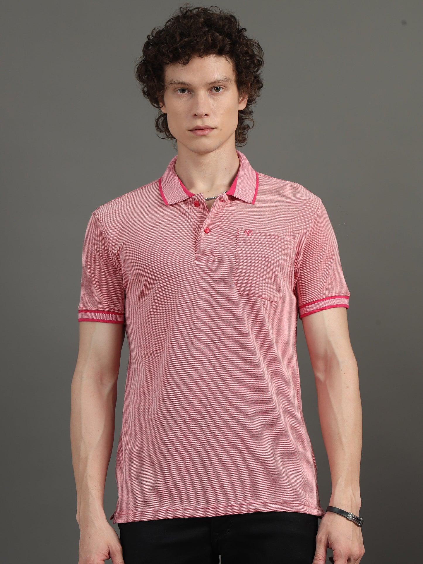 Mens BItone Hot Pink Jacquard Polo Tees with Pocket TK731