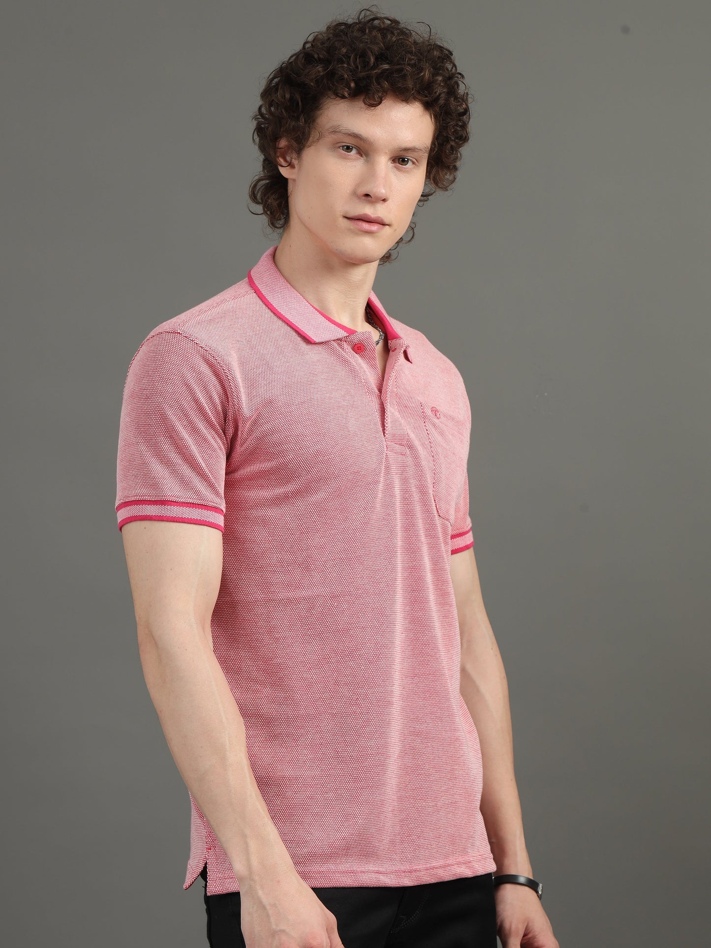 Mens BItone Hot Pink Jacquard Polo Tees with Pocket TK731