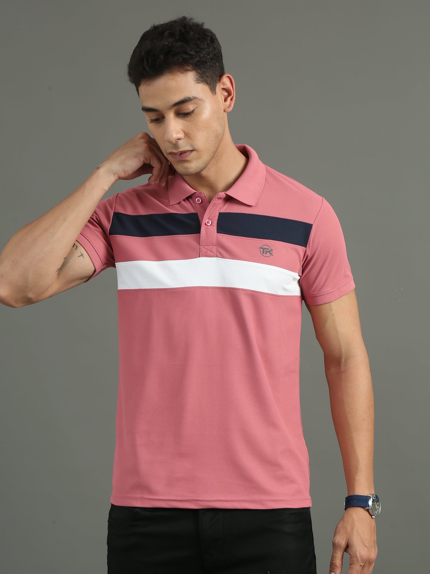 Mens Dryfit Flamingo Pink Color Blocked Polo Tees TK716