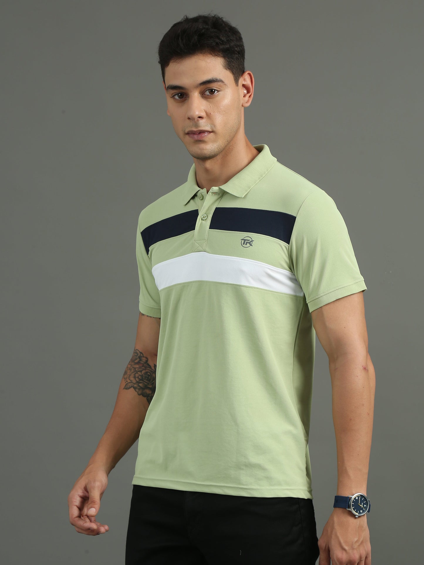 Mens Dryfit Mint Green Color Blocked Polo Tees TK716