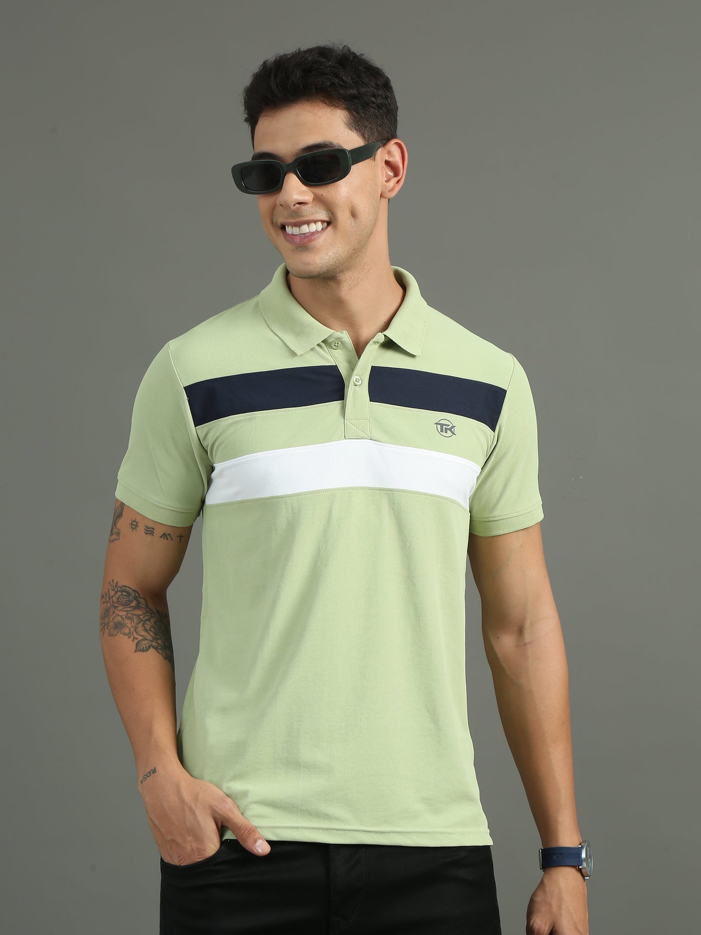 Mens Dryfit Mint Green Color Blocked Polo Tees TK716