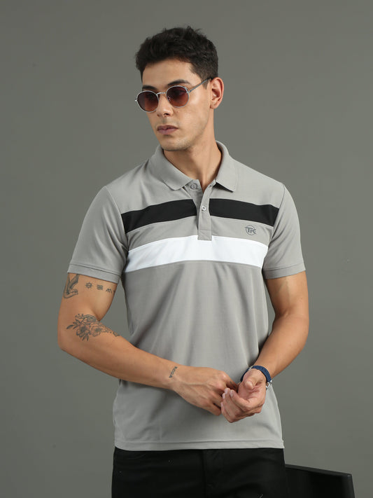 Mens Dryfit Misty Grey Color Blocked Polo Tees TK716