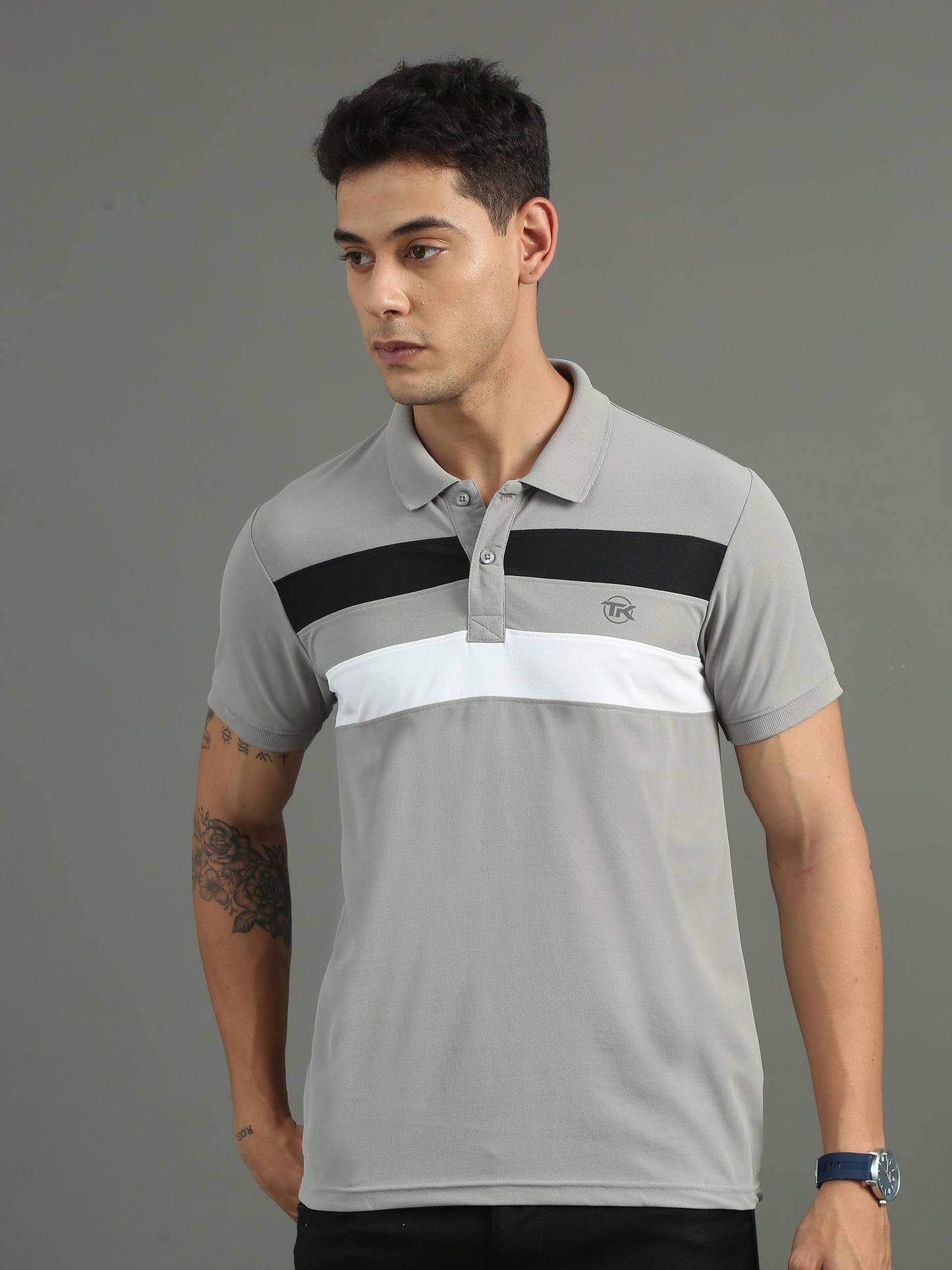 Mens Dryfit Misty Grey Color Blocked Polo Tees TK716