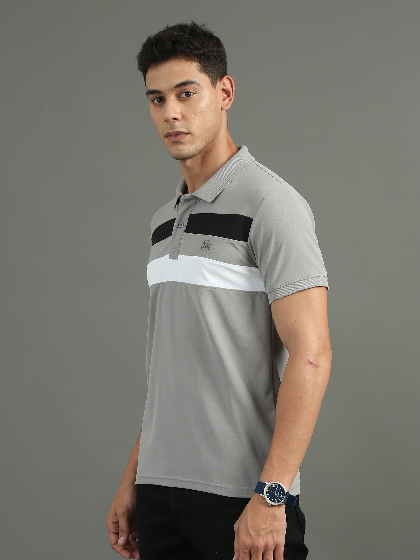 Mens Dryfit Misty Grey Color Blocked Polo Tees TK716