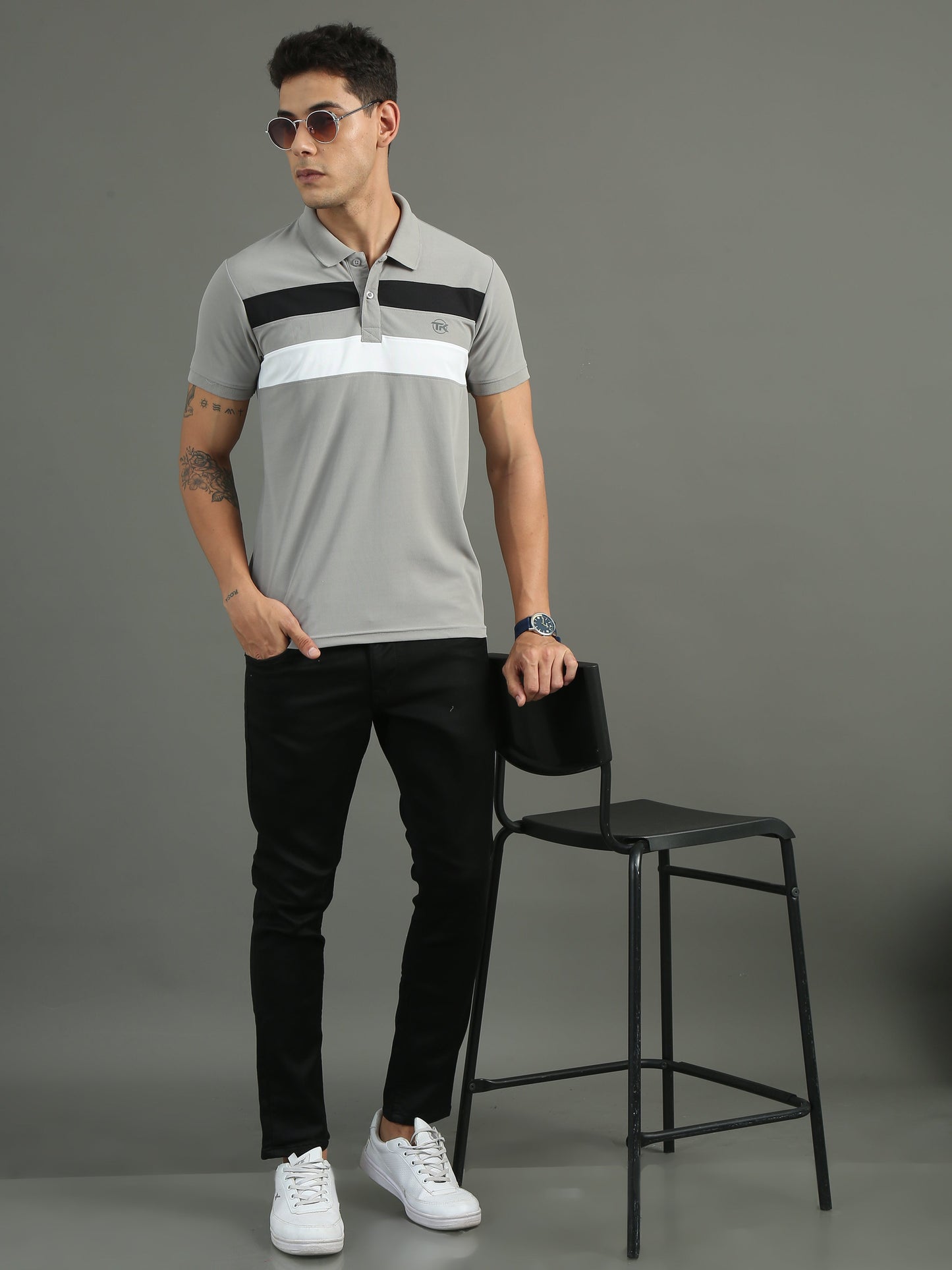 Mens Dryfit Misty Grey Color Blocked Polo Tees TK716