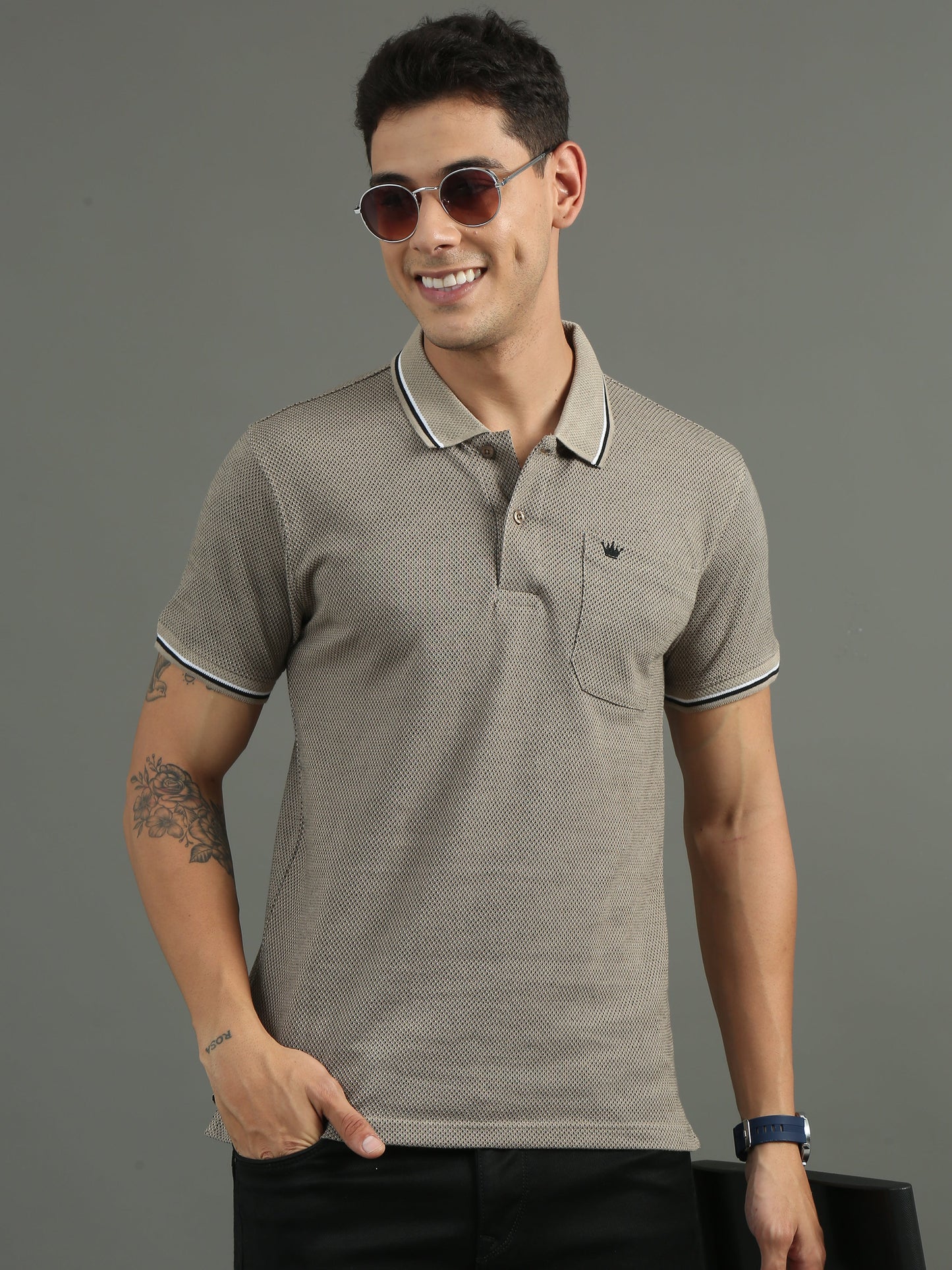 Men's Tritone Sand Beige - Black Jacquard Polo Tees with Pocket TK730