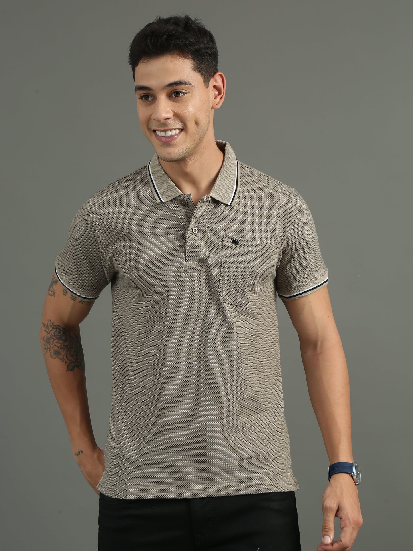 Men's Tritone Sand Beige - Black Jacquard Polo Tees with Pocket TK730