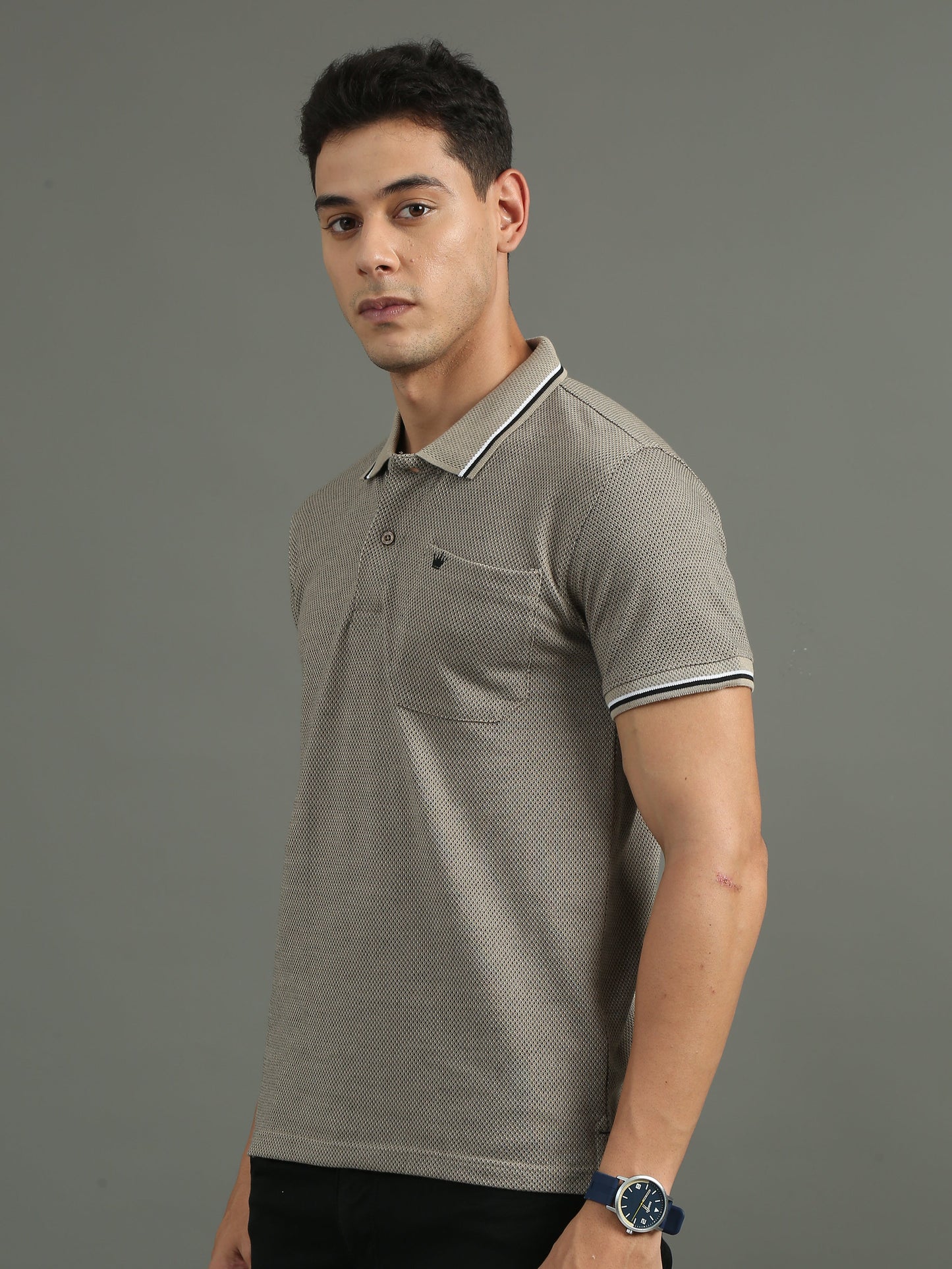 Men's Tritone Sand Beige - Black Jacquard Polo Tees with Pocket TK730