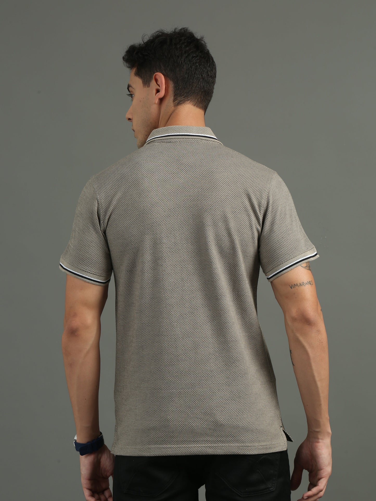 Men's Tritone Sand Beige - Black Jacquard Polo Tees with Pocket TK730