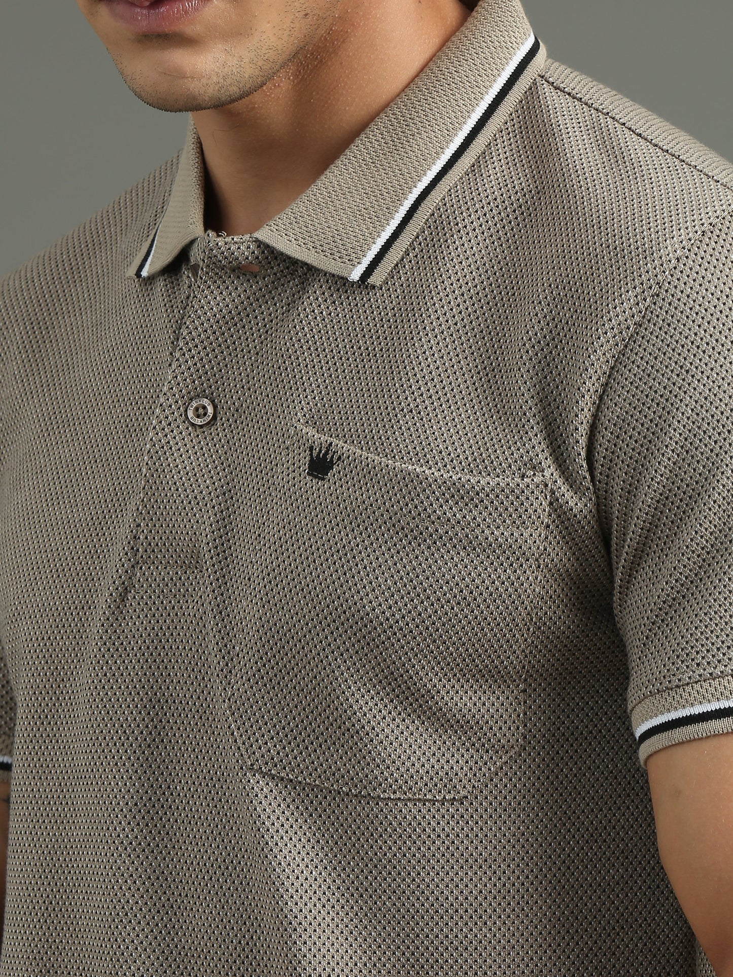 Men's Tritone Sand Beige - Black Jacquard Polo Tees with Pocket TK730