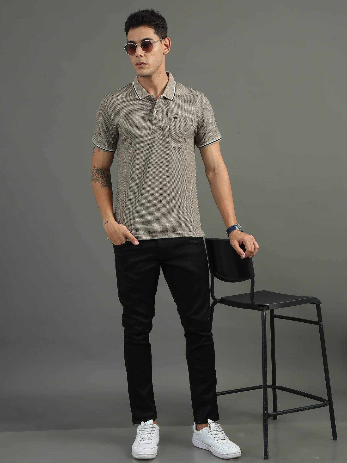 Men's Tritone Sand Beige - Black Jacquard Polo Tees with Pocket TK730