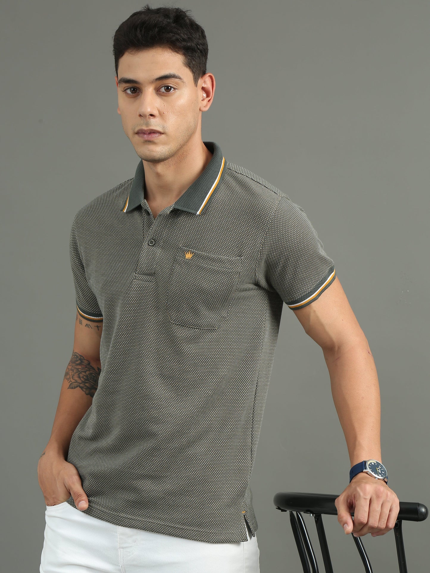 Men's Tritone Green - Gold Mustard Jacquard Polo Tees with Pocket TK730