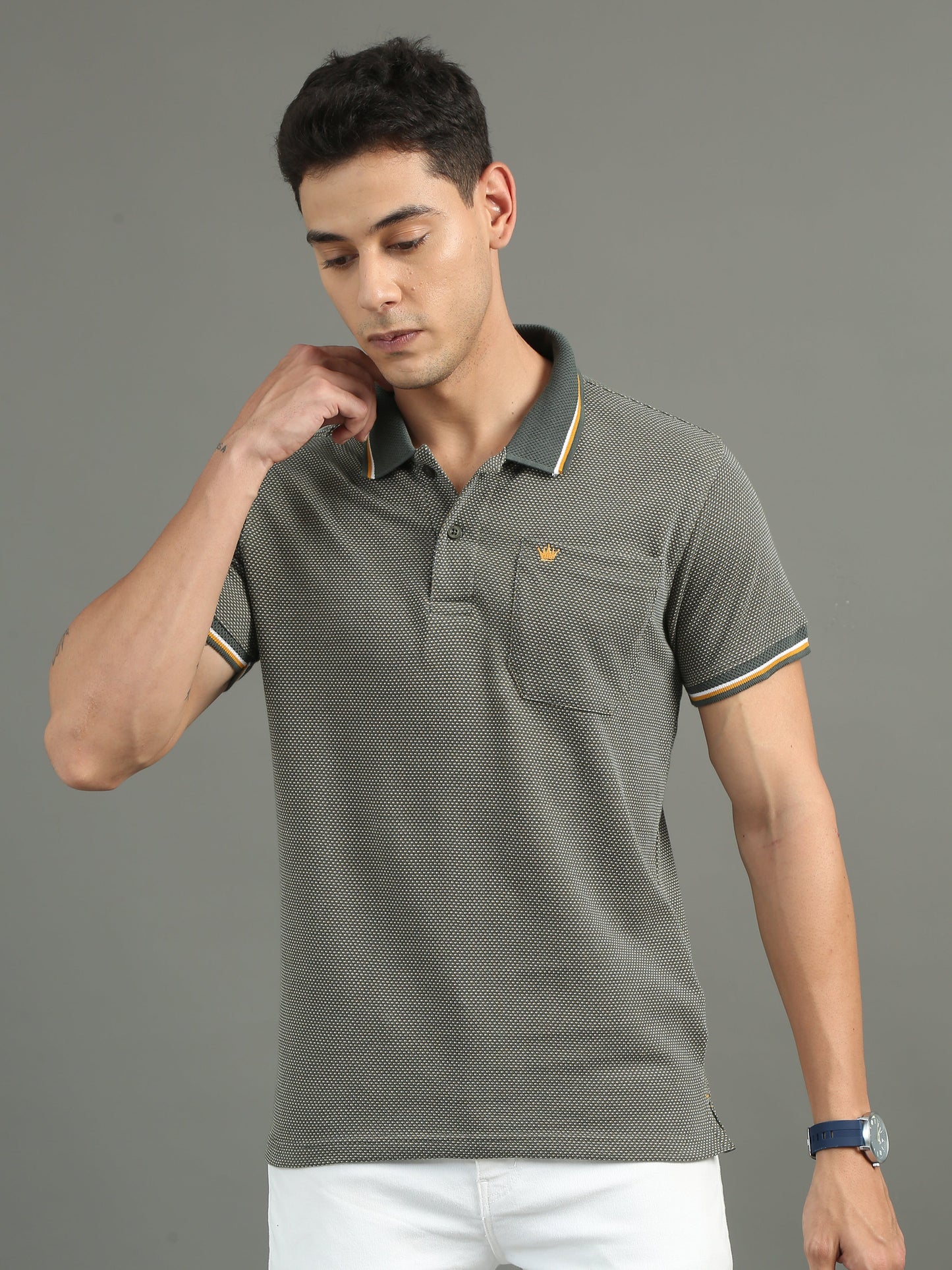 Men's Tritone Green - Gold Mustard Jacquard Polo Tees with Pocket TK730