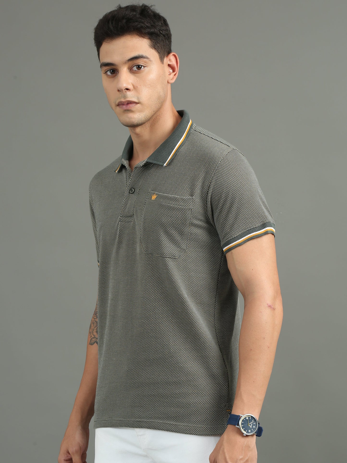 Men's Tritone Green - Gold Mustard Jacquard Polo Tees with Pocket TK730