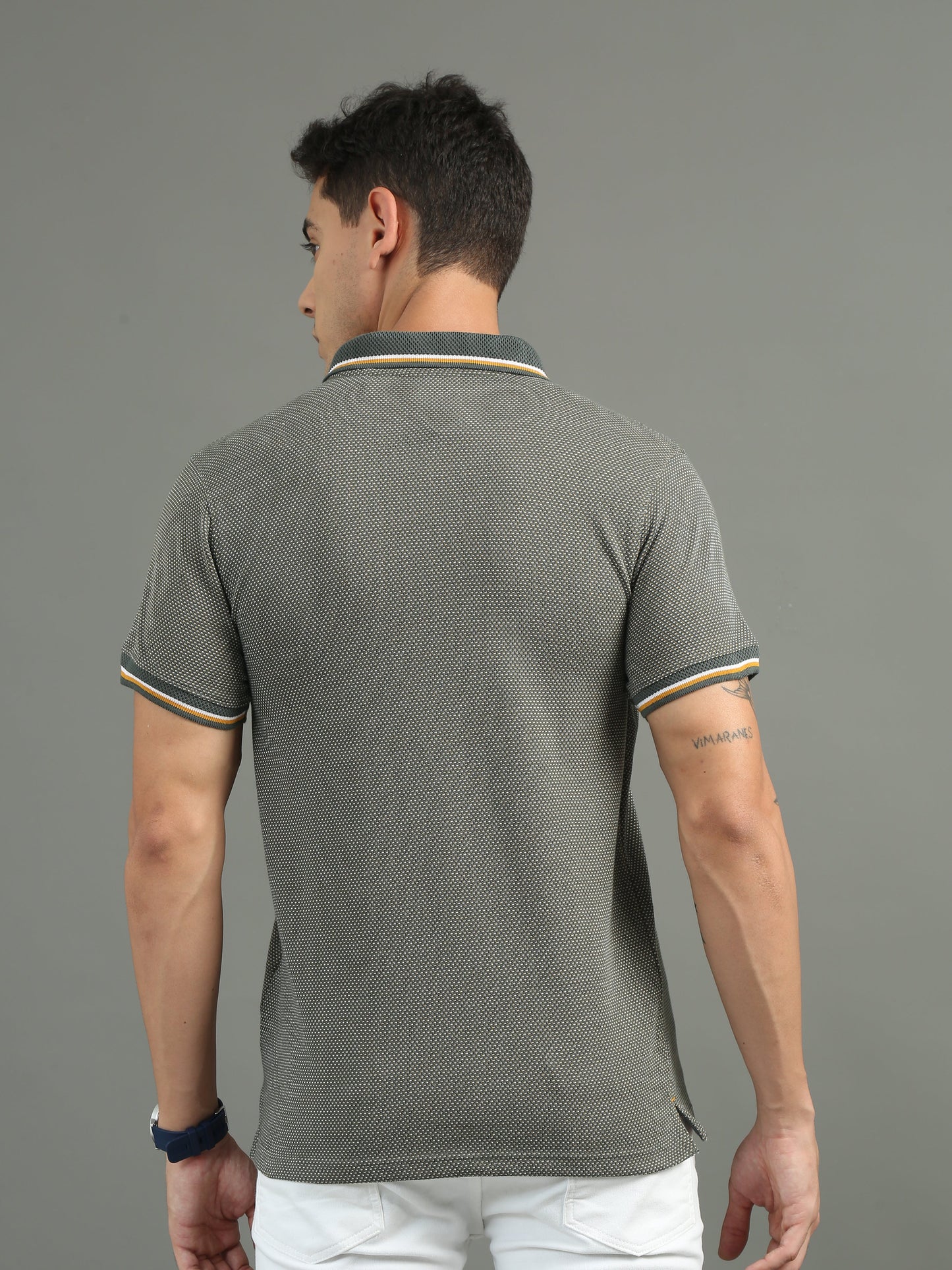 Men's Tritone Green - Gold Mustard Jacquard Polo Tees with Pocket TK730