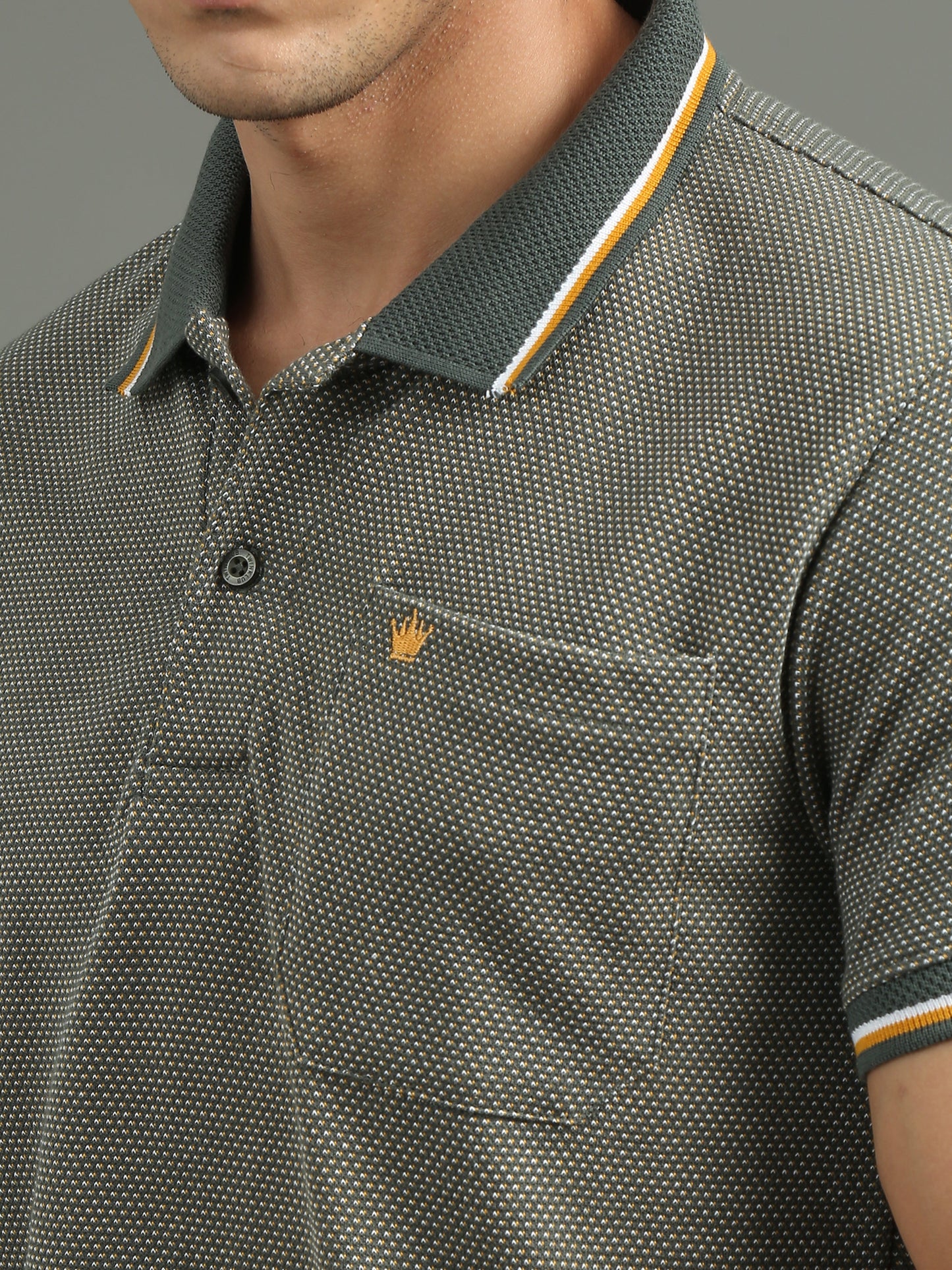 Men's Tritone Green - Gold Mustard Jacquard Polo Tees with Pocket TK730