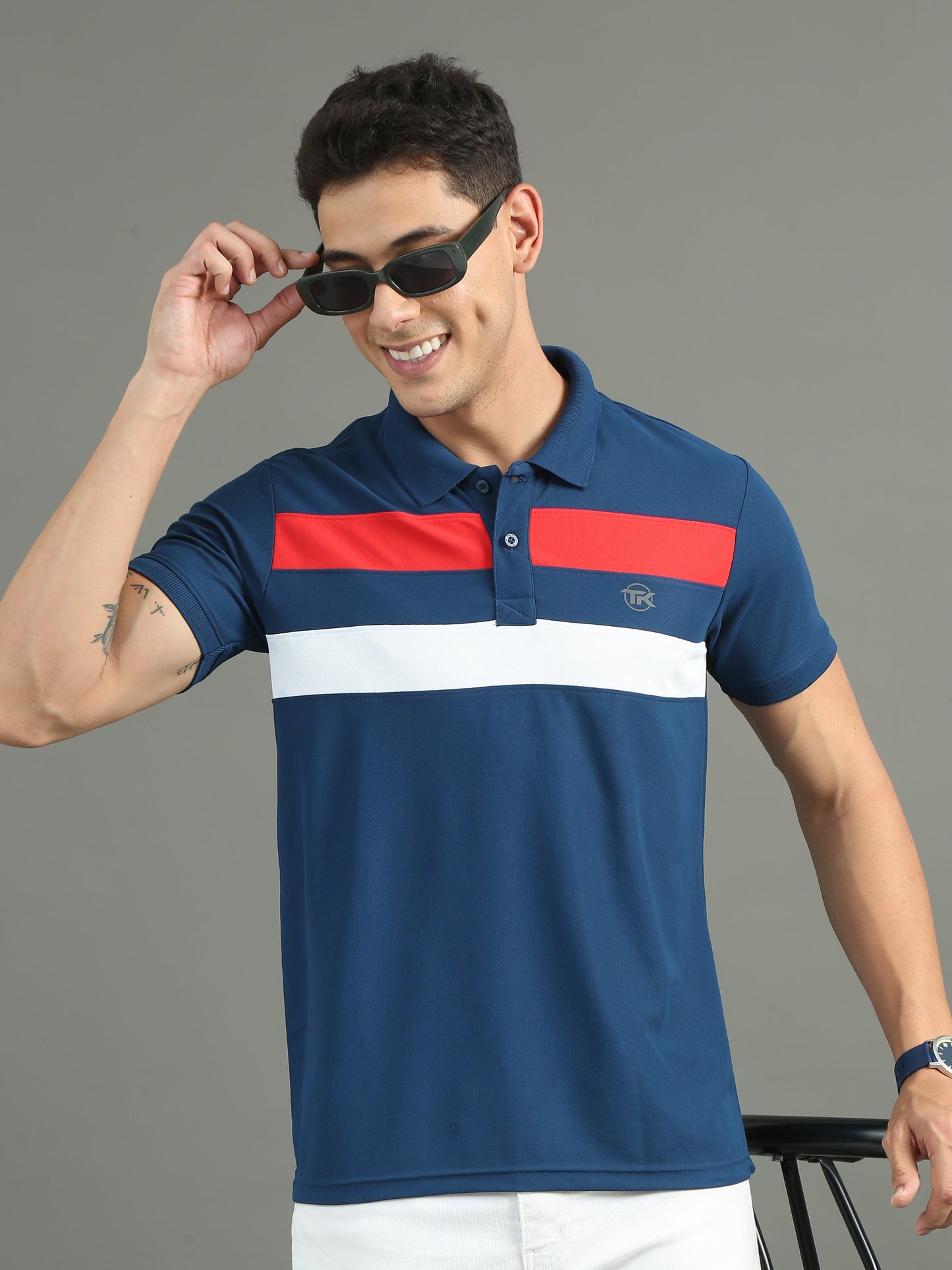 Mens Dryfit Air Force Blue Color Blocked Polo Tees TK716