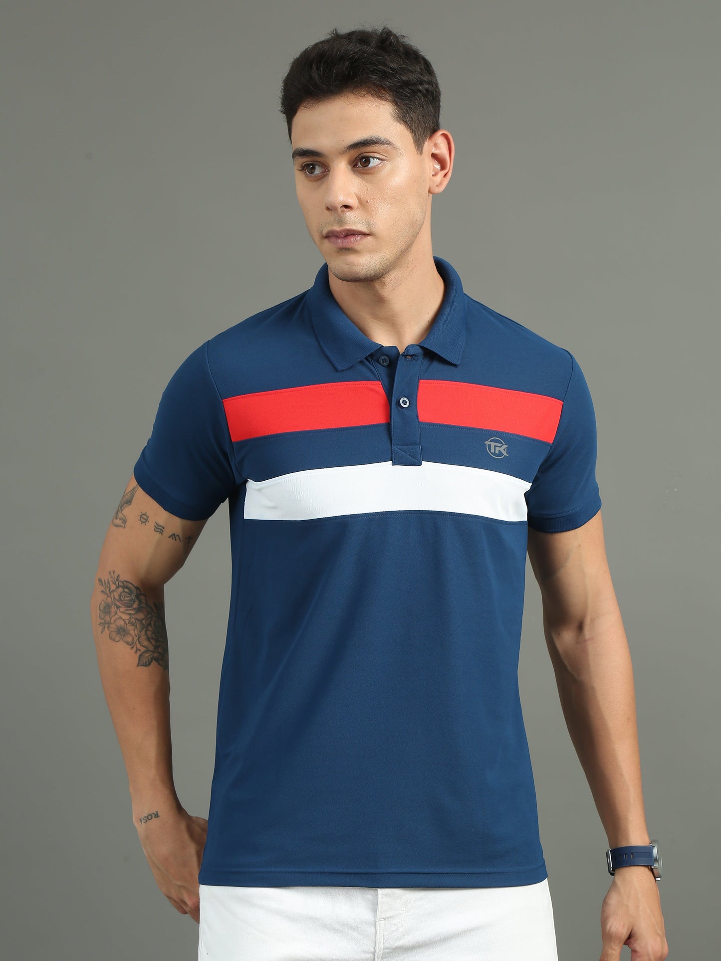 Mens Dryfit Air Force Blue Color Blocked Polo Tees TK716