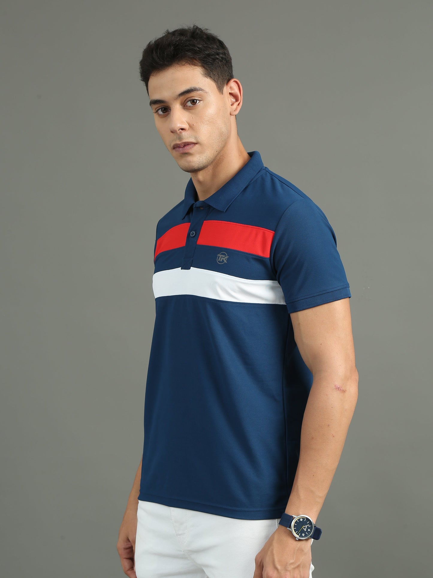 Mens Dryfit Air Force Blue Color Blocked Polo Tees TK716