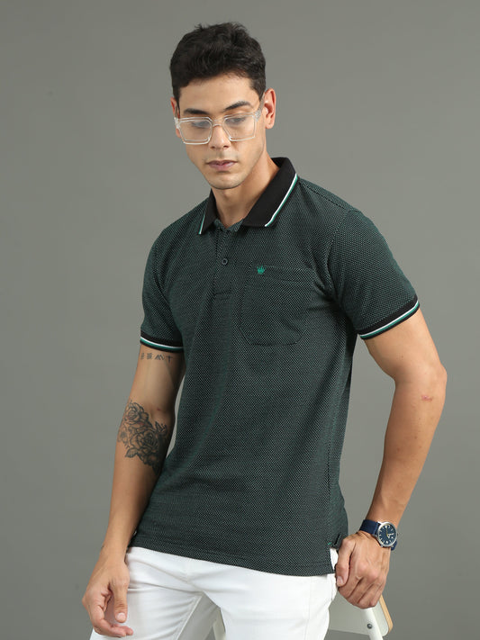 Men's Tritone Jacquard Black - Green Polo Tees with Pocket TK730