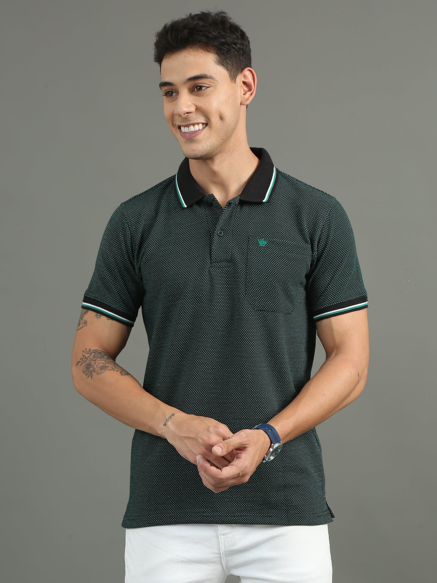 Men's Tritone Jacquard Black - Green Polo Tees with Pocket TK730