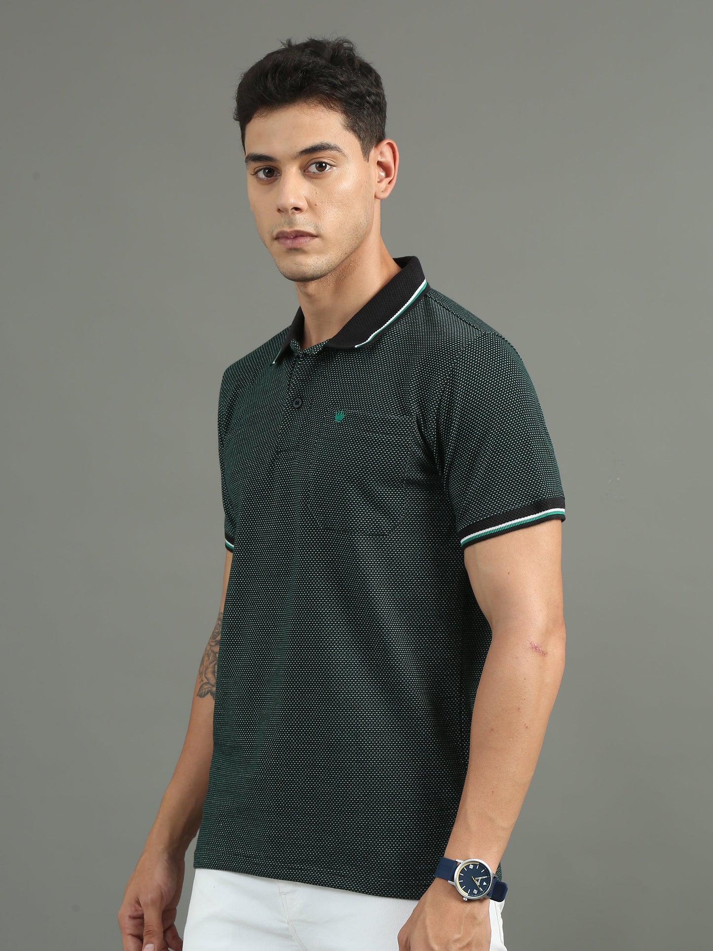 Men's Tritone Jacquard Black - Green Polo Tees with Pocket TK730