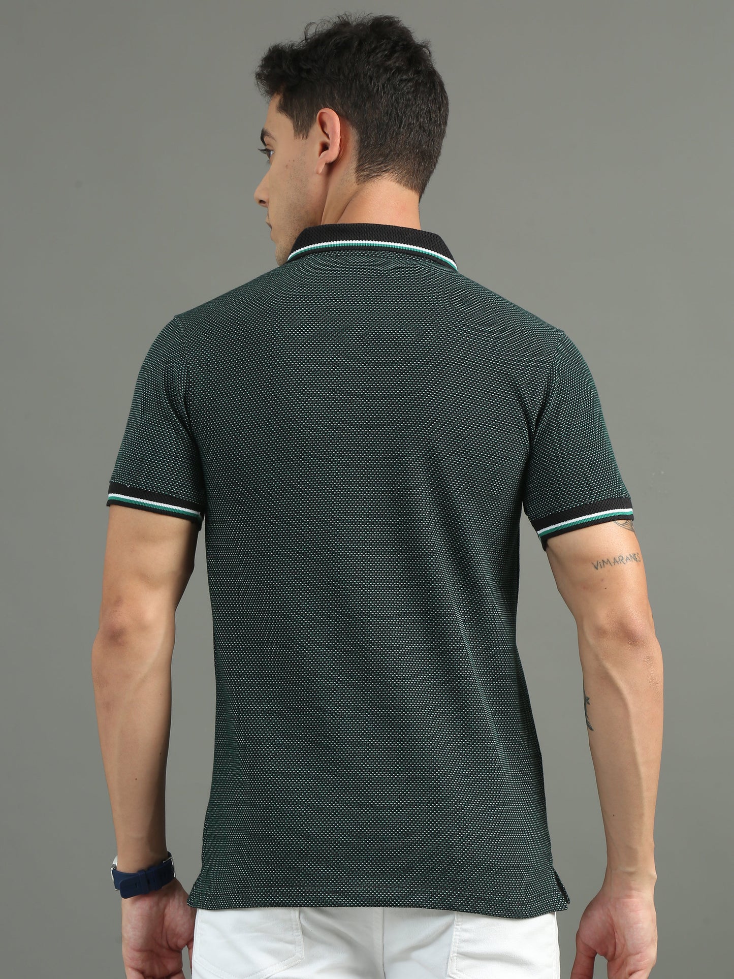 Men's Tritone Jacquard Black - Green Polo Tees with Pocket TK730