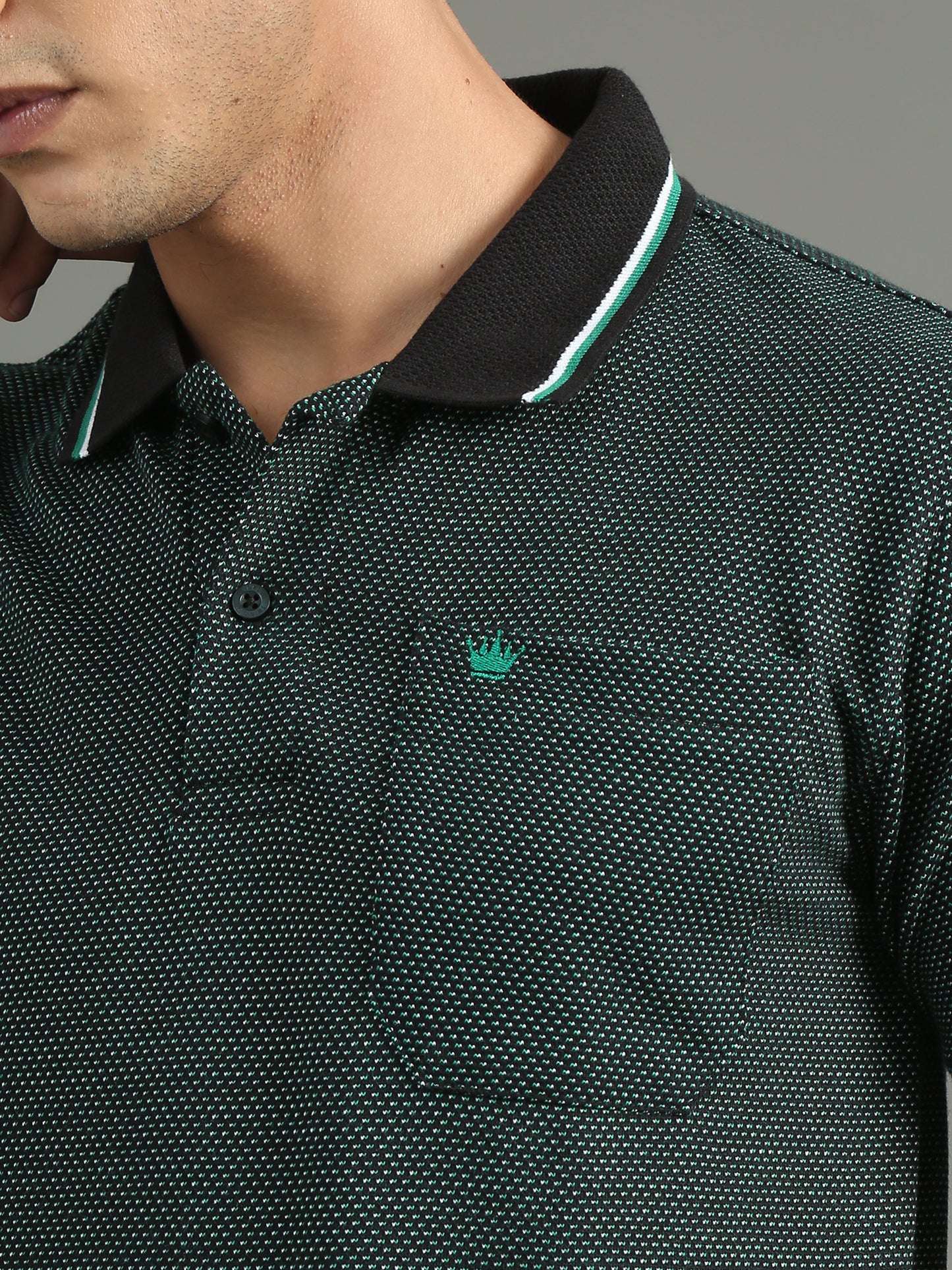 Men's Tritone Jacquard Black - Green Polo Tees with Pocket TK730