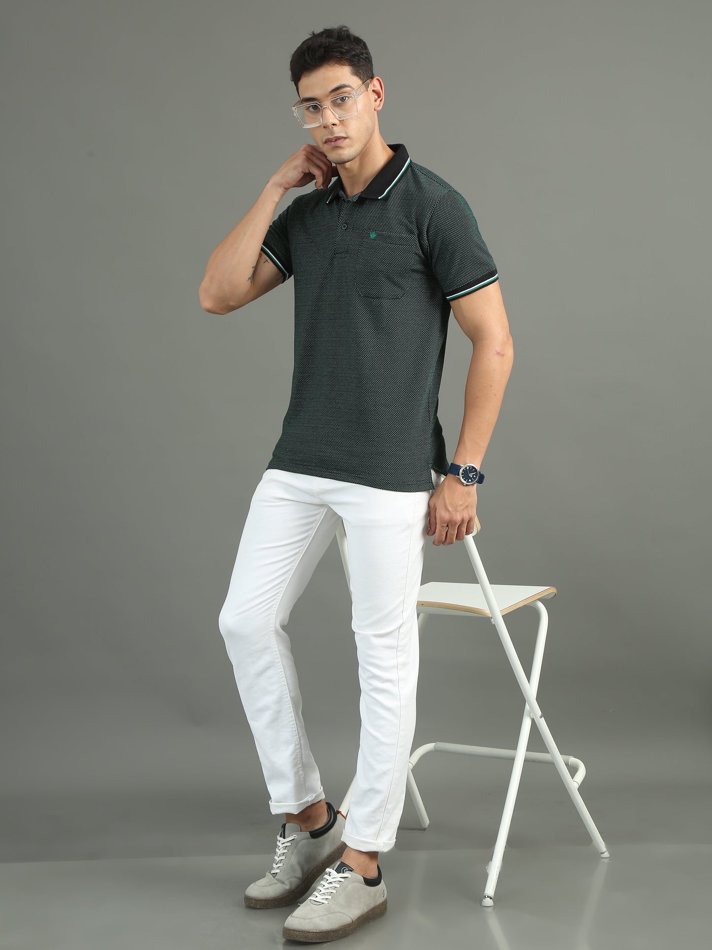 Men's Tritone Jacquard Black - Green Polo Tees with Pocket TK730