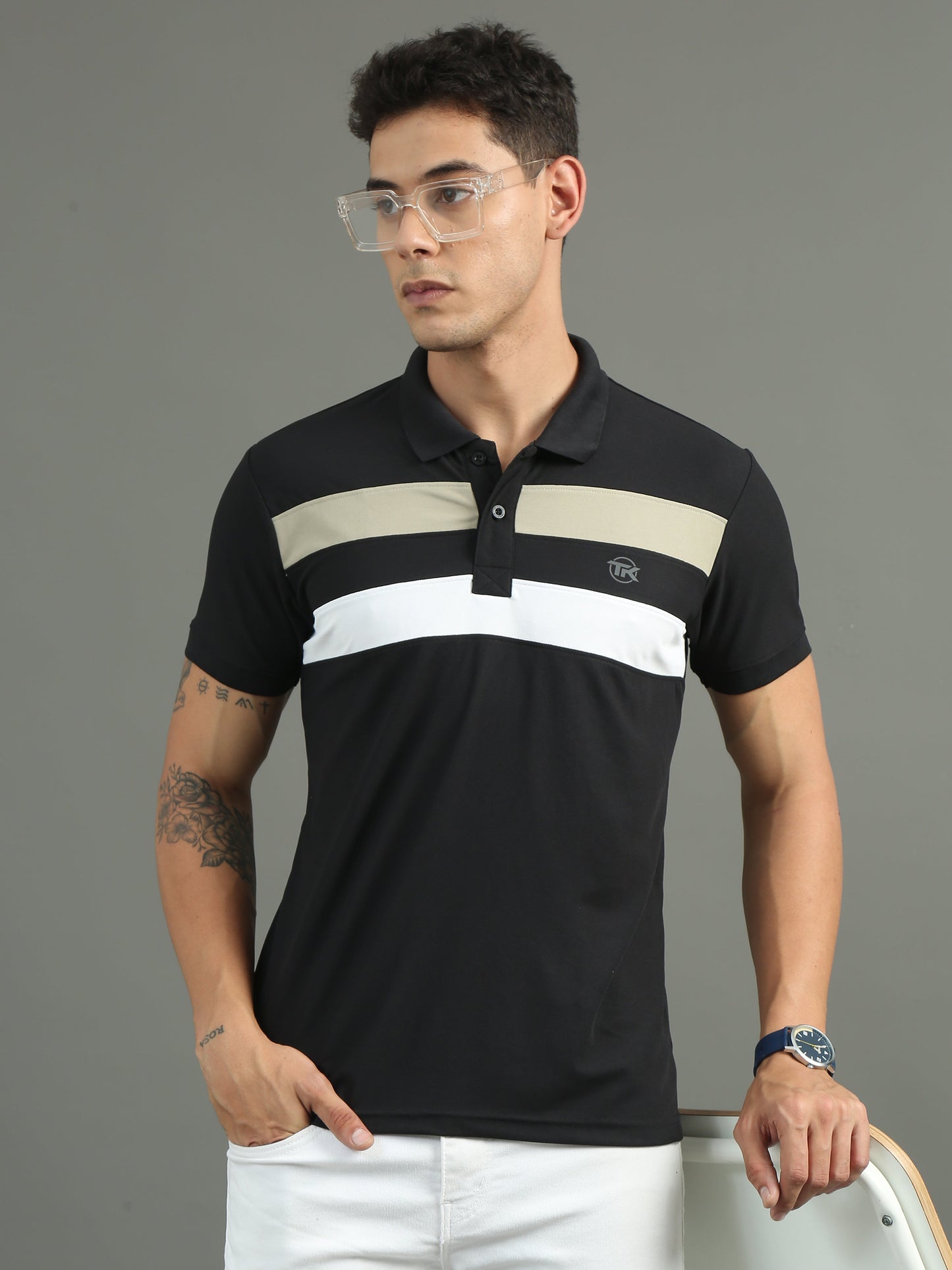 Mens Dryfit Black Color Blocked Polo Tees TK716