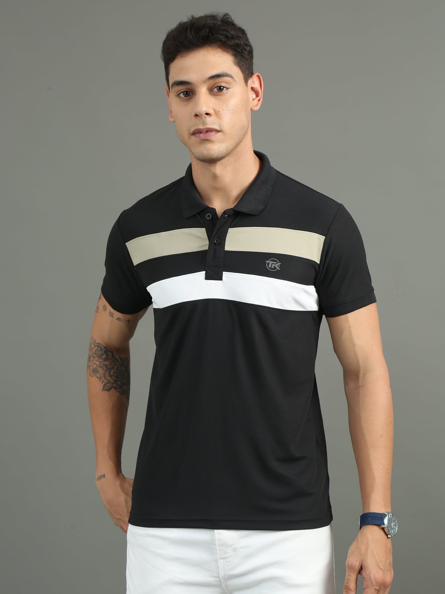 Mens Dryfit Black Color Blocked Polo Tees TK716