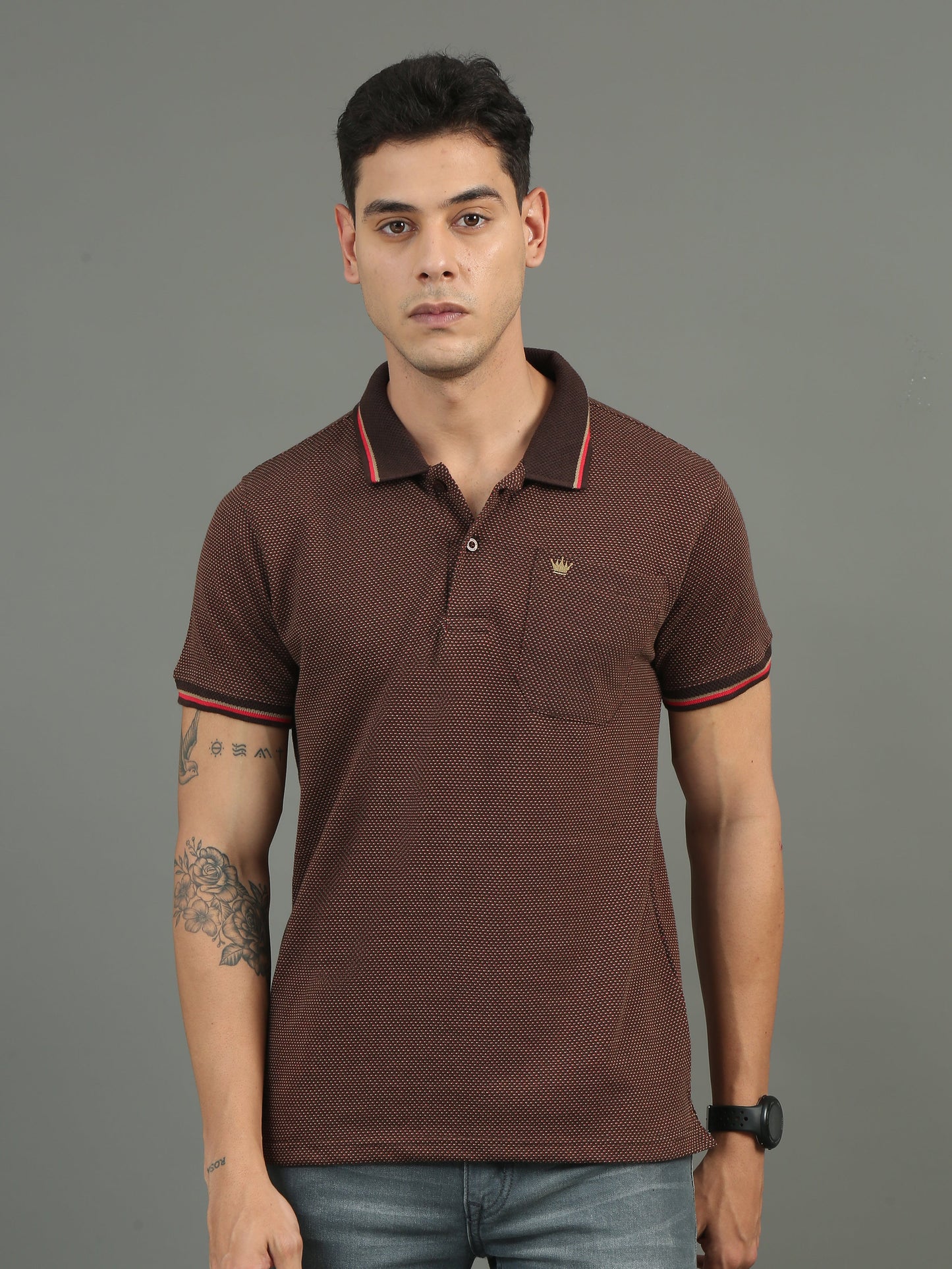 Men's Tritone Rust - Chocolate Jacquard Polo Tees with Pocket TK730