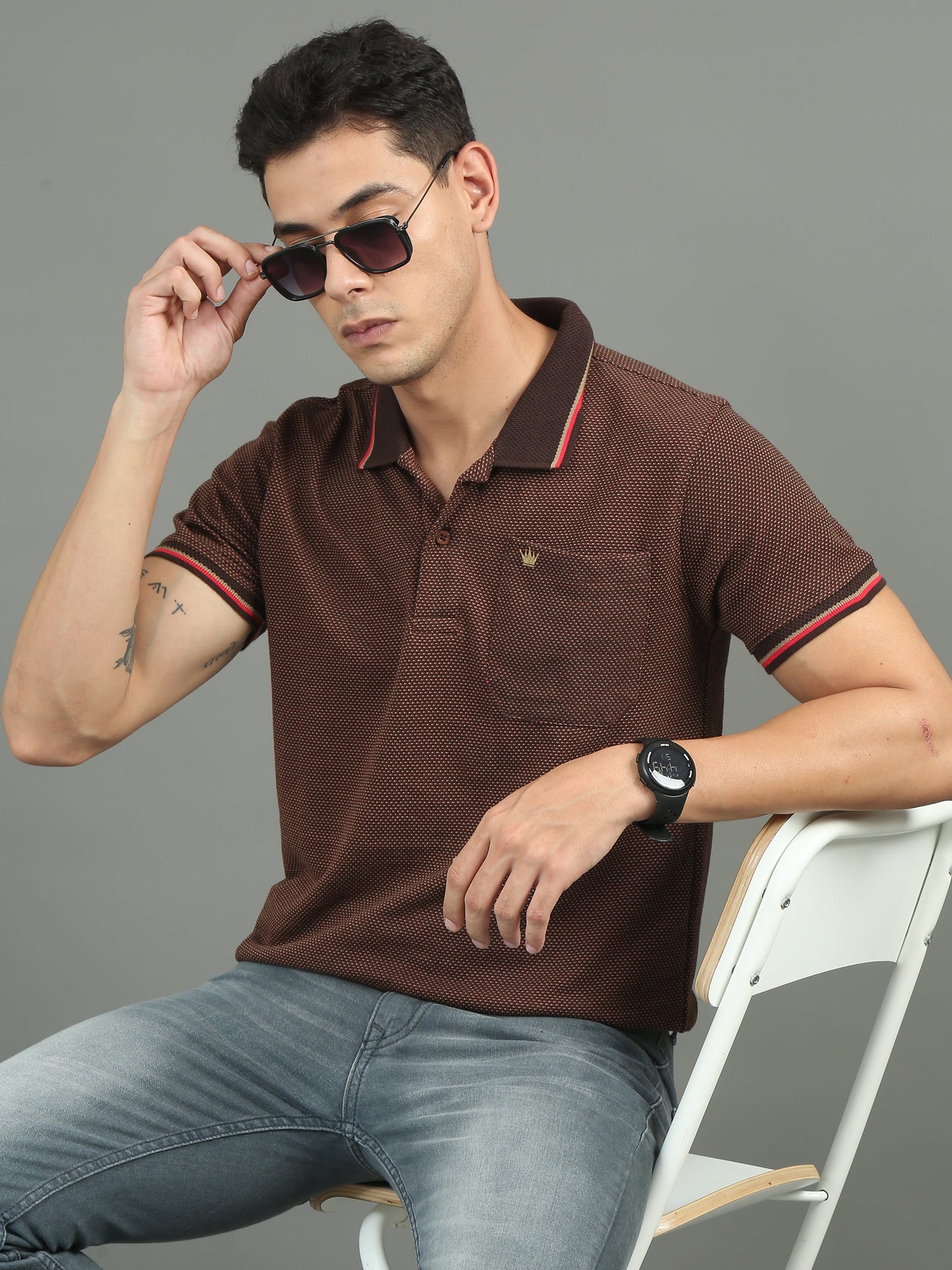 Men's Tritone Rust - Chocolate Jacquard Polo Tees with Pocket TK730